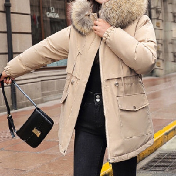 #9 Tan Faux Fur Parka Wind Breaker Hood Fleece Zip Rain coat water resistant - Picture 2 of 8